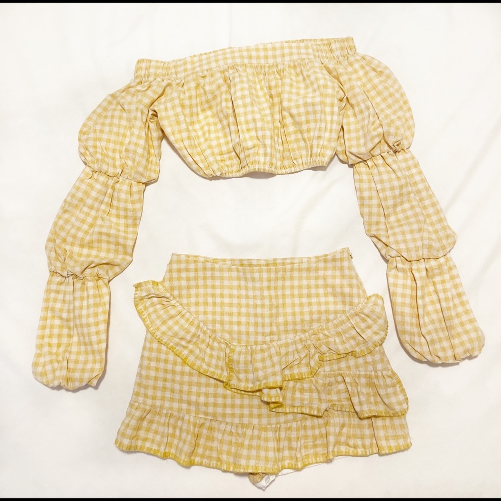 Tularosa Yellow Gingham Off-Shoulder Crop Top and Ruffle Mini Skirt Set